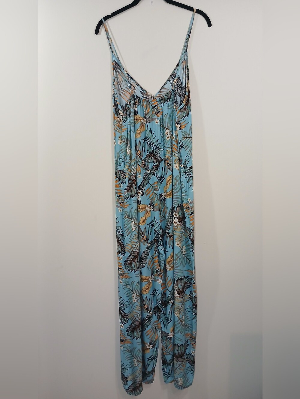 Tropical Floral Wide Leg Jumpsuit Blue Sleeveless Palazzo Wide Leg Romper L/XL - Picture 3 of 6